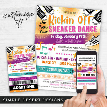 sneaker dance flyer ticket and social media templates for schools